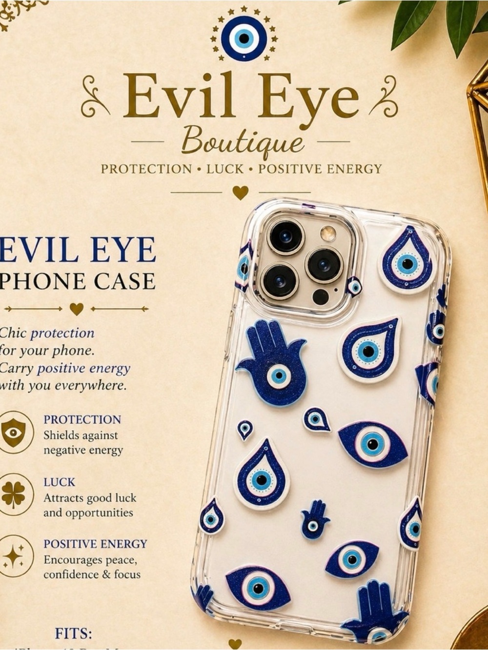 Evil Eye Clear Phone Case with Blue Accents - Protective iphone 15 pro max